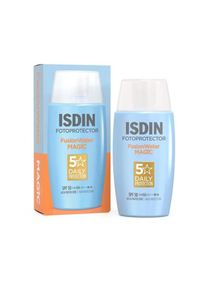 ISDIN Fotoprotector Fusion Water Magic SPF 50 con su caja azul y naranja
