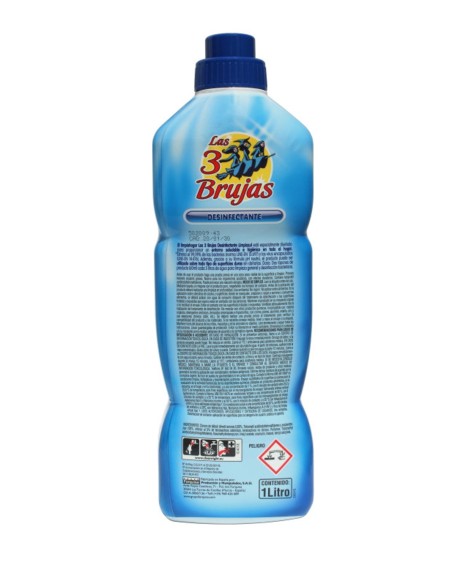 Etiqueta trasera de Las 3 Brujas Limpiador Bactericida con instrucciones y advertencias de seguridad