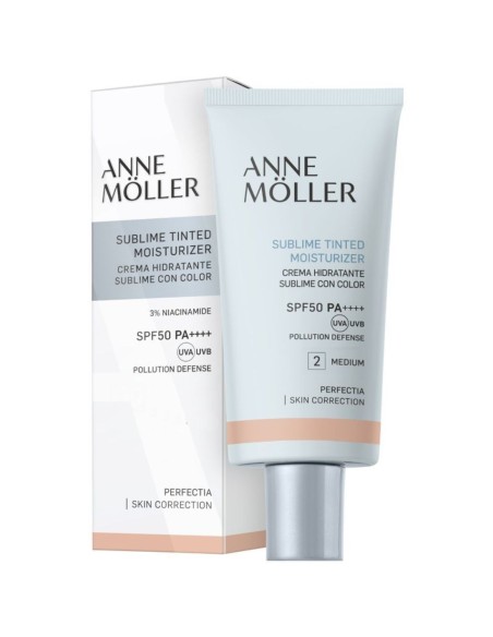 Caja y tubo de la crema hidratante con color Anne Moller Perfectia Sublime SPF50 Tono 2 Medium