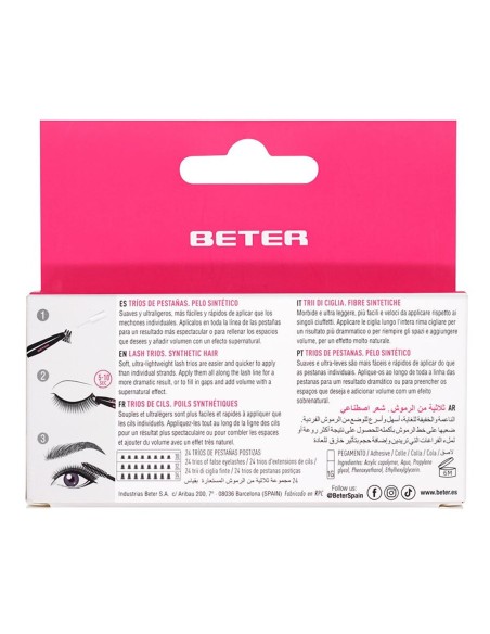 Pestañas Beter trío de pelo sintético, fácil aplicación y acabado natural.