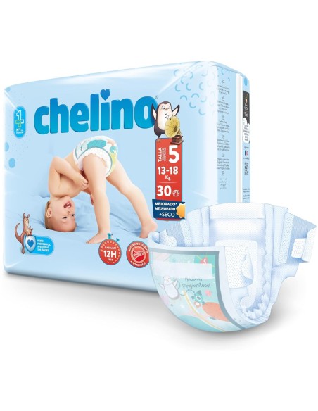 Pañales Chelino Talla 5 para bebés de 13 a 18 kg, con ajuste cómodo y máxima absorción.
