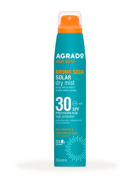 Bruma solar seca AGRADO SPF30 200 ml con vitamina E, tacto seco y protección alta UVA/UVB.