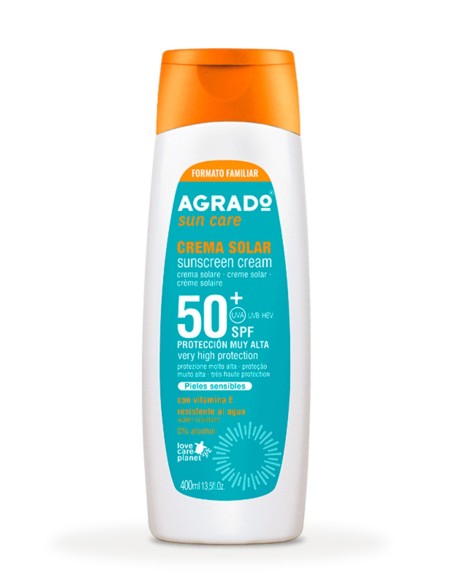Crema solar AGRADO SPF50+ sin perfume para piel sensible, 400 ml, alta protección.