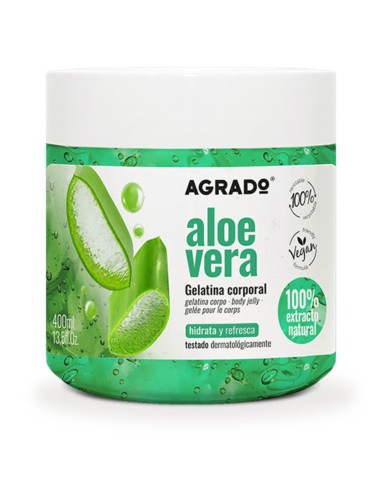 Tarro de gelatina corporal con extracto natural de aloe vera de la marca AGRADO de 400 mililitros.