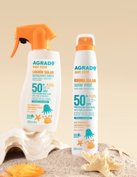 Loción solar infantil AGRADO con pistola, SPF50+ y fórmula resistente al agua.