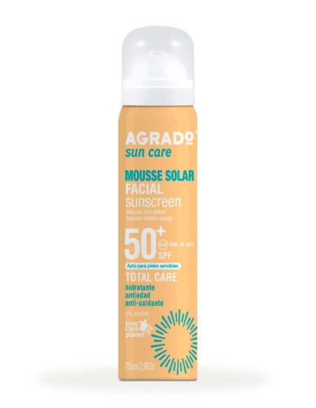 AGRADO Mousse Facial SPF50+ 75 ml, solar vegano y resistente al agua para piel sensible.