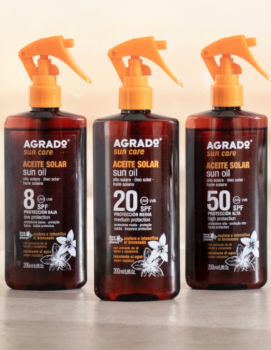 Aceite solar AGRADO SPF50, textura ligera y acabado invisible, formato pistola 200 ml.

