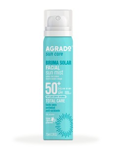 Bruma facial solar AGRADO SPF50+ con acabado invisible y sin alcohol, apta para pieles sensibles.