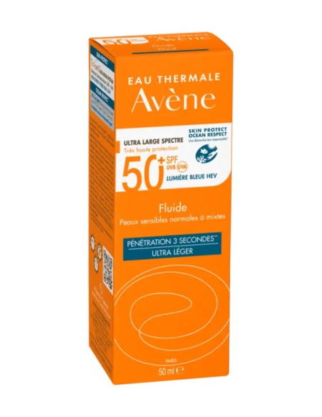 Avène Fluido Facial SPF 50+ 50?ml, protección solar para piel sensible.
