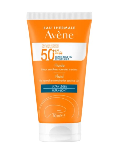 Fluido solar Avène 50?ml, acabado seco y alta tolerancia sin perfume.