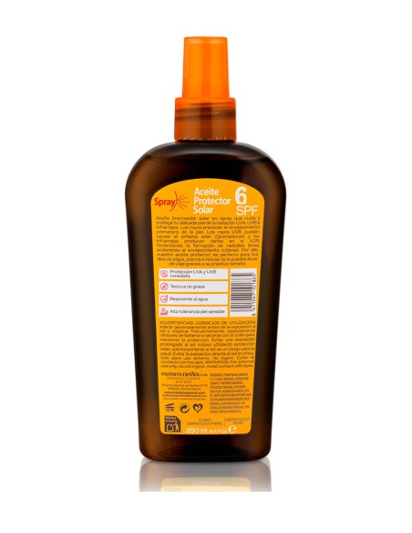 Spray bronceador solar SPF6 con acabado brillante para piel dorada y luminosa