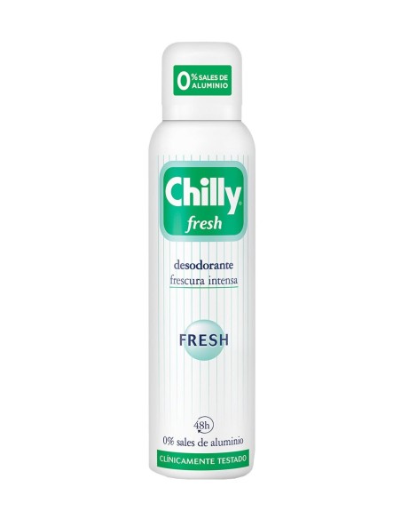 Chilly Desodorante Spray Fresh 150 ml sin sales de aluminio, frescor natural todo el día.