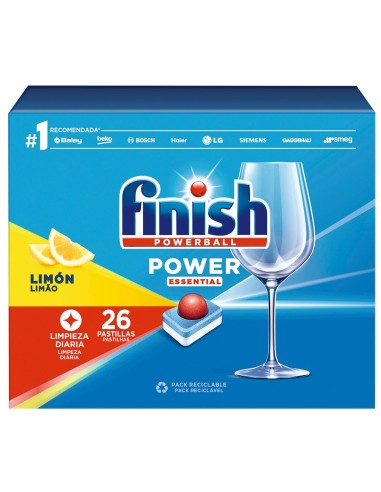 Finish Lavavajillas Todo en 1 Limón 26 uds con acción desengrasante y aroma cítrico.
