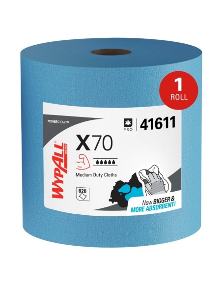 Bobina de paños de limpieza industrial WypAll X70 azul de Kimberly Clark.