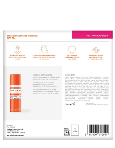 Solar facial Bella Aurora 50 ml piel seca SPF50+ con neceser exclusivo