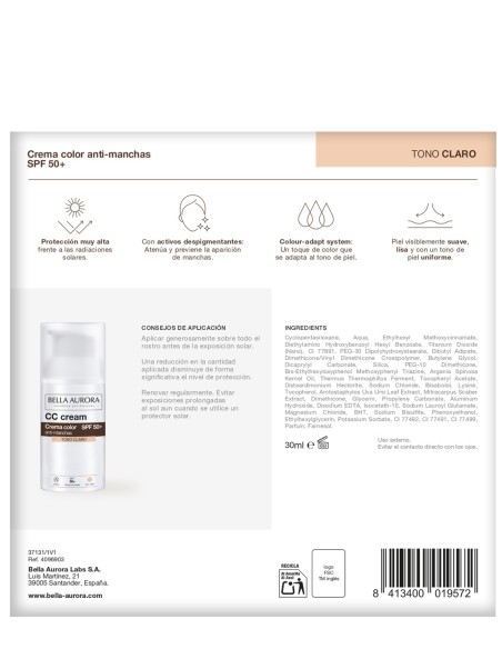 CC Cream Bella Aurora tono claro 30 ml con regalo exclusivo