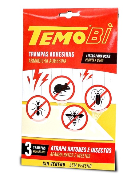 Trampa adhesiva Temobí para ratones e insectos sin veneno, pack de 3 unidades.