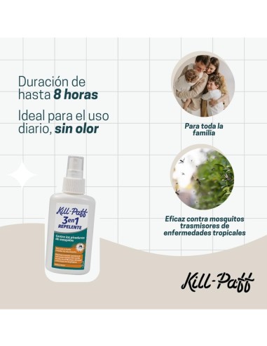 Spray Kill Paff 3en1  repelente corporal contra mosquitos comunes y tropicales