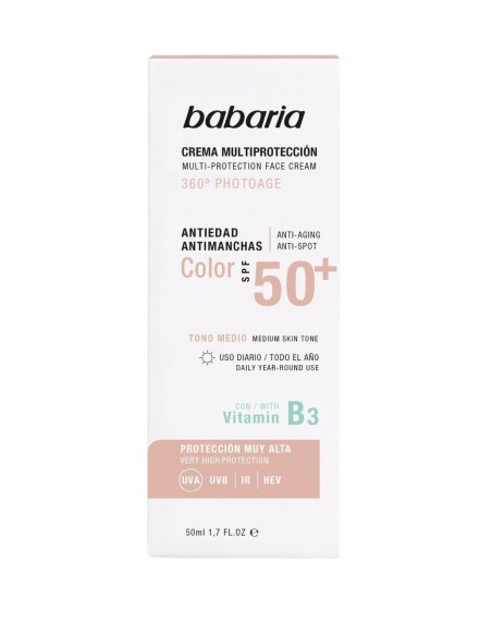 Babaria Crema Facial Color Medio SPF50+ 50 ml con alta protección solar