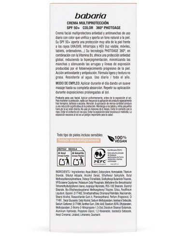 Crema facial Babaria SPF50+ con color natural y textura ligera