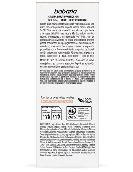 Crema facial Babaria SPF50+ con color natural y textura ligera