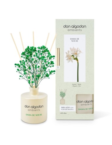 Ambientador Mikado Don Algodon Dama de Noche con flor.