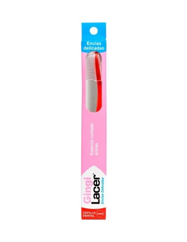 Blíster del cepillo dental GingiLacer Encías Delicadas con cabezal pequeño y tonos rosa y rojo