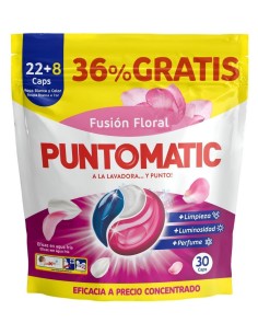 Puntomatic Cápsulas Lavadora Fusión Floral 30 uds con perfume duradero y limpieza eficaz.