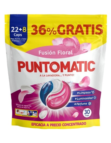 Puntomatic Cápsulas Lavadora Fusión Floral 30 uds con perfume duradero y limpieza eficaz.