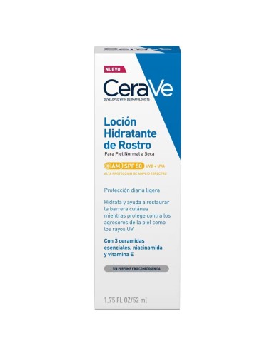 Crema facial hidratante CeraVe con protección solar SPF50, textura ligera y sin perfume