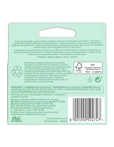 Gillette Venus Sensitive: 4 recambios con 4 hojas para piel delicada