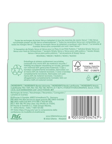 Gillette Venus Sensitive: 4 recambios con 4 hojas para piel delicada