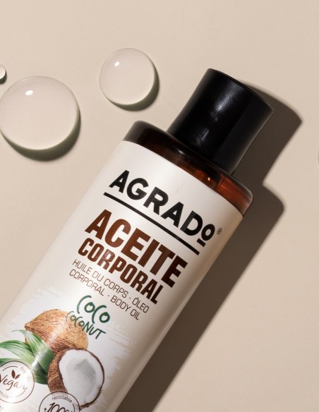 Agrado Aceite Hidratante Coco 250 ml, suaviza y perfuma la piel con aroma exótico