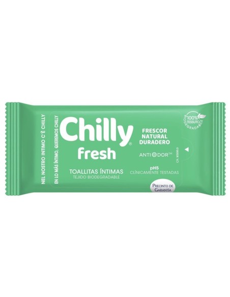 Paquete frontal de toallitas íntimas Chilly Fresh 12 unidades en envase verde.