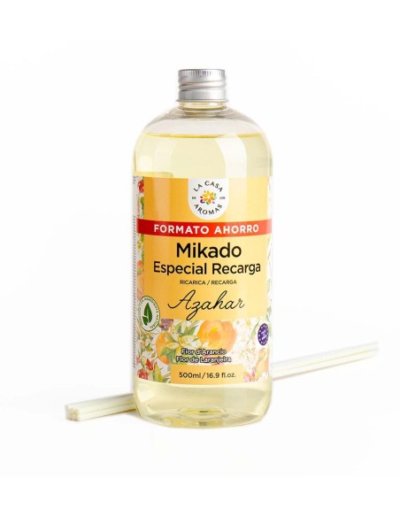 Recarga Mikado Azahar La Casa de los Aromas de 500 ml con varillas junto a la botella