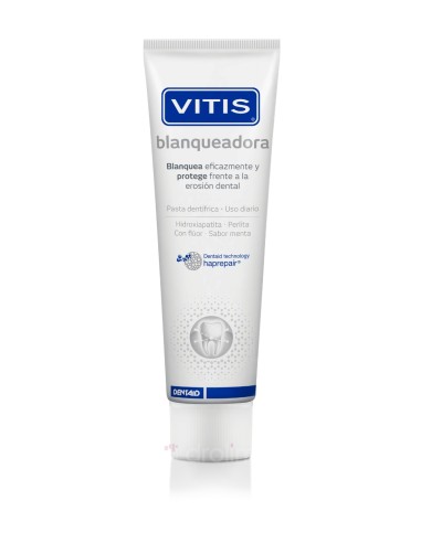 Pasta dental VITIS blanqueadora 100 ml para uso diario, con acción protectora del esmalte y efecto brillo natural.