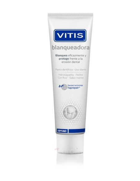 Pasta dental VITIS blanqueadora 100 ml para uso diario, con acción protectora del esmalte y efecto brillo natural.