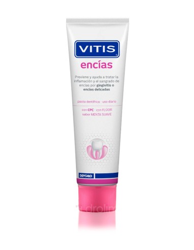 Dentífrico VITIS Encías 150?ml: cuida encías sensibles, reduce inflamación y fortalece con flúor.

