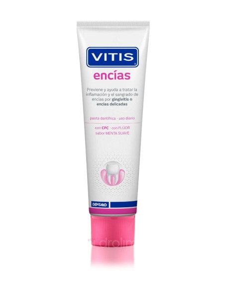 Dentífrico VITIS Encías 150?ml: cuida encías sensibles, reduce inflamación y fortalece con flúor.

