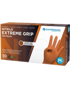Guantes nitrilo naranja Extreme Grip M, 50 uds, sin látex y con agarre antideslizante.