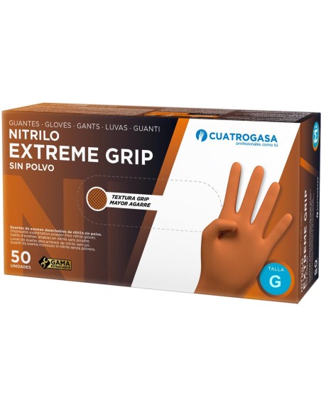 Guantes nitrilo naranja Extreme Grip L, 50 uds, sin látex, gran resistencia y textura antideslizante.