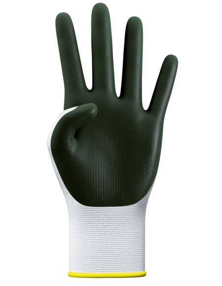 Guante soporte nitrilo verde talla 09, protección industrial y ajuste cómodo para manos grandes.