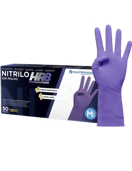 Guantes desechables nitrilo HR8 morado sin polvo M, 11.4 gramos, protección eficaz y cómoda