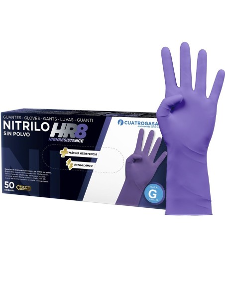 Guantes desechables nitrilo HR8 morado talla L, sin polvo, protección eficaz