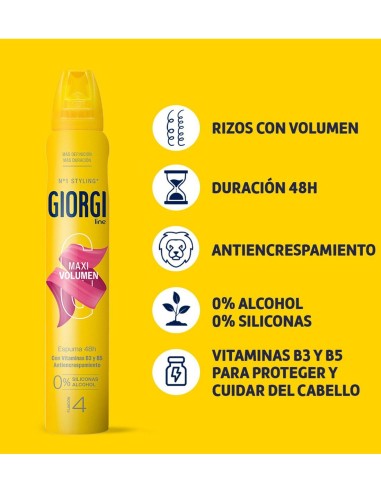 Panel gráfico con iconos descriptivos sobre la duración de 48 horas, acción antiencrespamiento y los beneficios de las vitamina