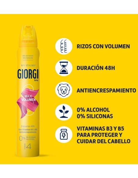 Panel gráfico con iconos descriptivos sobre la duración de 48 horas, acción antiencrespamiento y los beneficios de las vitamina