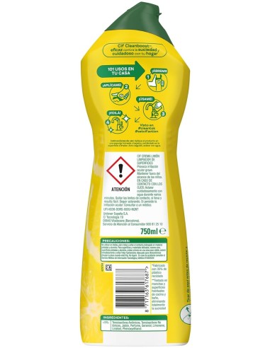 Crema limpiadora Cif limón 750 ml, elimina la suciedad más difícil sin rayar