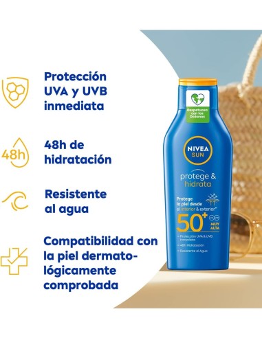 Crema solar NIVEA hidratante FPS50+ en envase de 400 ml para cuerpo y rostro