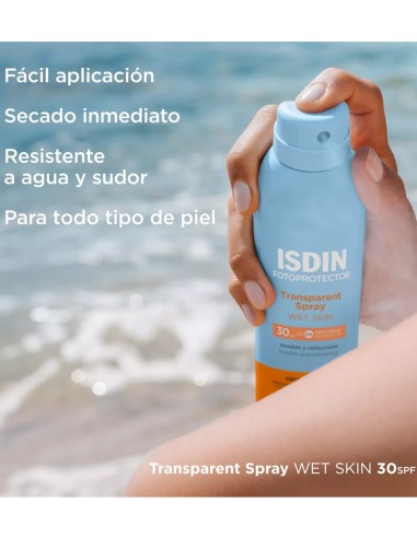 ISDIN: fotoprotector en spray transparente para piel mojada 250ml.