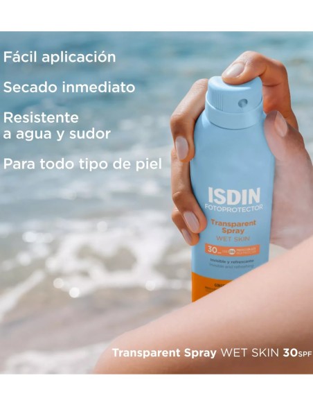 ISDIN: fotoprotector en spray transparente para piel mojada 250ml.